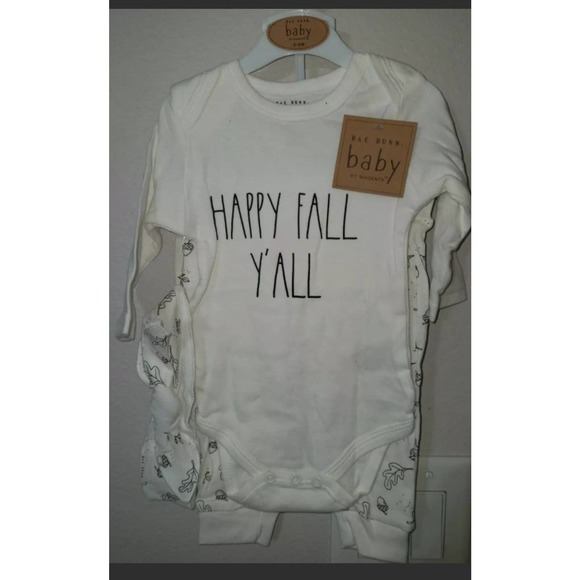 Baby 3-6 nwt Rae Dunn 3 piece set Happy fall y'all baby shower bow pants onesie - Picture 1 of 12